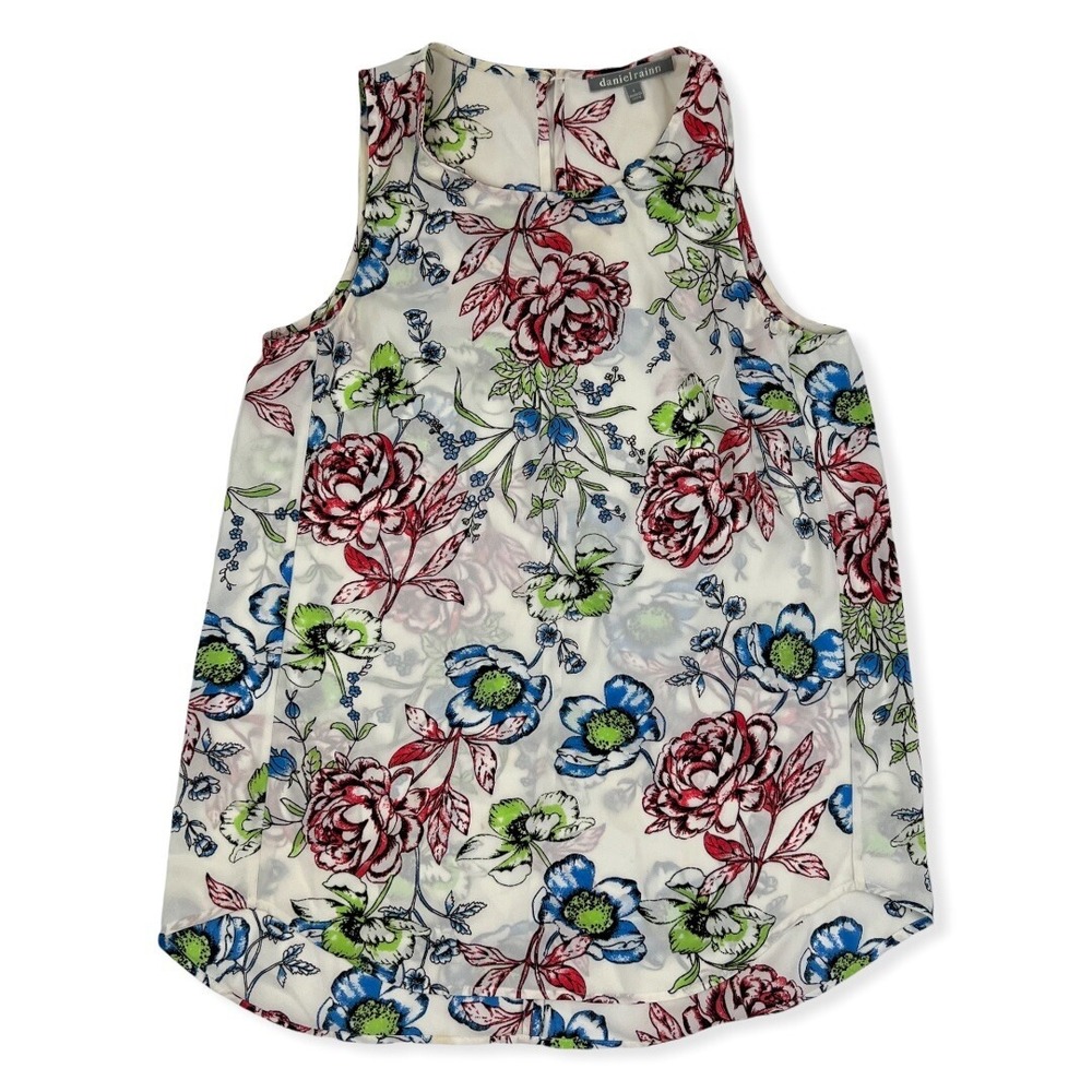 Daniel Rainn Ivory Floral Sleeveless Blouse Tank Top Sz S Polyester Round Neck